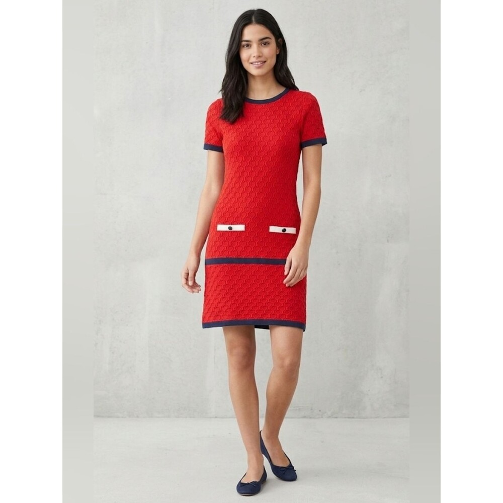 El Ganso Paris Retro Red Knit Shift Dress With Navy Trim Size Small
